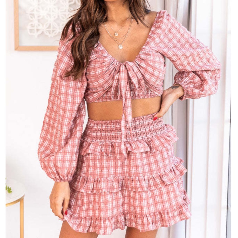 Before That Night Mauve Gingham Ruffle Tiered Mini Skirt set